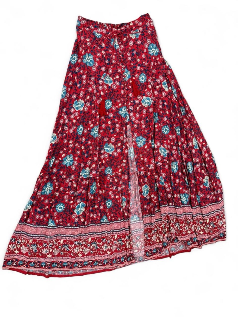 Boho Red Floral Wrap Maxi Skirt Tassel Tie Cottagecore Size S